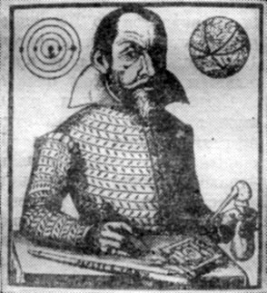 Немецкий астроном и, как сказано на старййном портрете, 'математикус и медикус' Симон Мариуе (Майер), увидевший четыре спутника Юпитера за 10 дней до Галилея. Слева- схема юпитерианской системы
