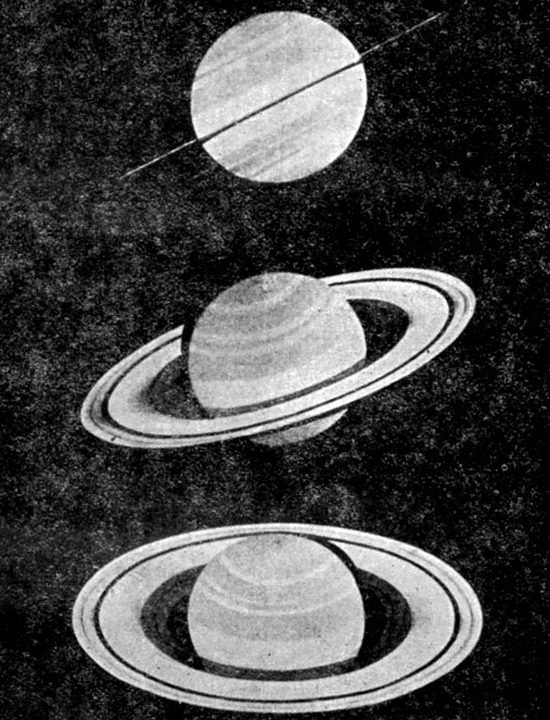 Рис. 27. Сложные кольца Сатурна. С рисунка, сделанного на основе визуальных наблюдений. На верхнем рисунке кольца видны почти в ребро. Тень от них заметна на диске. Пять делений колец можно видеть лишь при самых лучших условиях наблюдения