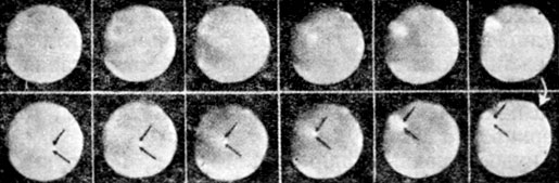 Рис. 126. Марсианский вечер. Стрелки указывают на облако, которое постепенно растёт на последовательных снимках. За время фотографирования (4 часа) Марс повернулся влево. Два ряда изображений совершенно одинаковы, только на одном из них имеются стрелки, а на другом нет