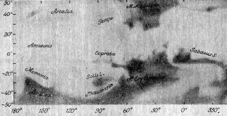 Рис. 5 а. Фотографическая карта Марса, составленная Г. де Моттони по лучшим наземным наблюдениям