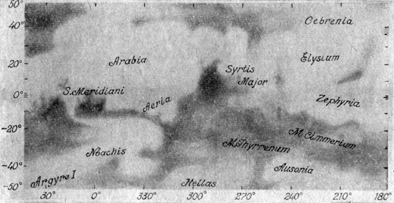 Рис. 5 б. Фотографическая карта Марса, составленная Г. де Моттони по лучшим наземным наблюдениям