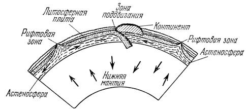 Рис. 20. Схема движений в литосфере и астеносфере согласно глобальной тектонике плит